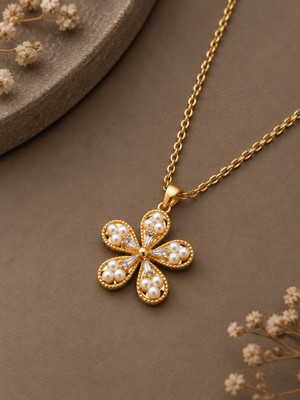 Serelya 316L Çelik Zincir Gold Renk Çiçek Model Kadın Kolye