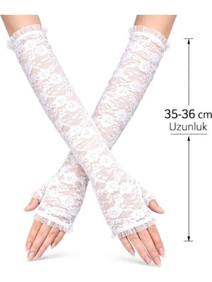 Uzun Zarif Dantel Eldiven Parmaksız Beyaz 35 cm