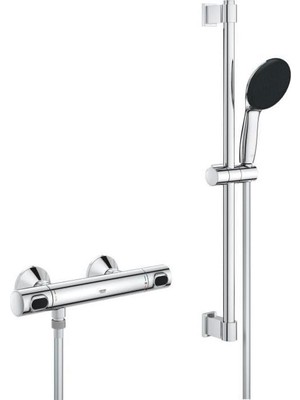 Precision Flow Termostatik Duş Bataryası ve Vitalio Start 110 Sürgülü Duş Seti, 110MM 1 Akışlı El Duşu, 600MM Sürgülü Ray, 1750MM Duş Hortumu, 38°c Sabit Sıcaklık Ayarı, Krom, 34800001