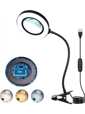 USB Büyüteçli LED Masa Lambası, 3 Renk Modu, Klipsli Tasarım, Esnek Boyun, Doğal Işık, Sıcak Işık, Soğuk Işık