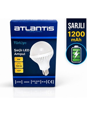 Aksu Atlantis Şarjlı LED Ampul 9W E27 1200MAH – 720 Lümen, 6500K Beyaz Işık, Elektrik Kesintilerine Karşı Acil Aydınlatma