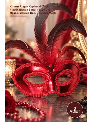 Yenilig 3 Adet Parti Maskesi – Kırmızı Rugan Kaplamalı Tüylü, Plastik Elastik Bantlı 18X20 Cm, Maske, Masked Ball, Costume Mask