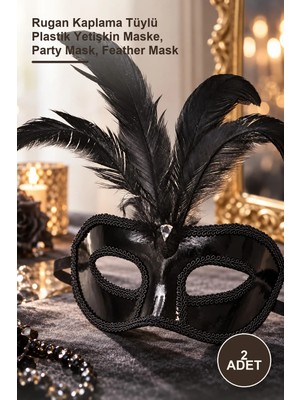 Yenilig 2 Adet Siyah Parti Maskesi – Rugan Kaplama Tüylü Plastik Yetişkin Maske, Party Mask, Feather Mask