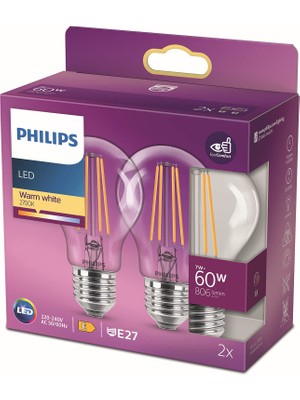 LED Classic 60W A60 Filament Ampul, 2700 Sarı Işık, E27 Normal Duy, Dim Edilmez 2'li Ekopaket