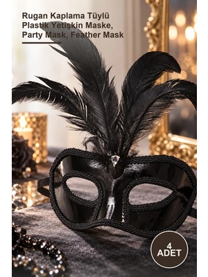Yenilig 4 Adet Siyah Parti Maskesi – Rugan Kaplama Tüylü Plastik Yetişkin Maske, Party Mask, Feather Mask