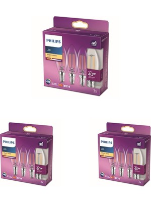 LED Classic 40W B35 LED Mum Filament Ampul, 2700K Sarı Işık, E14 Ince Duy, Dim Edilmez, 3'lü Ekopaket 3lü Paket