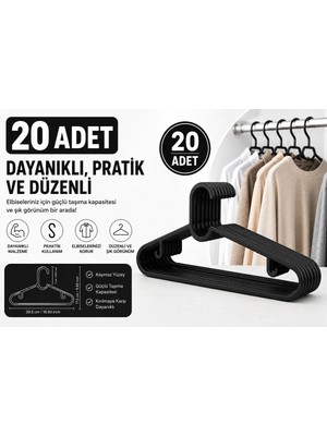 Kitchen Line 20 Adet Siyah Elbise Askısı, Pantolon Askısı– Dayanıklı ve Esnek Giysi Askılığı