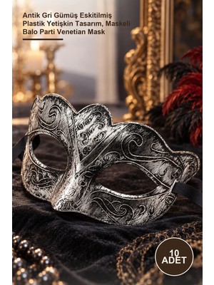 Yenilig 10 Adet Venedik Maskesi – Antik Gri Gümüş Eskitilmiş Plastik Yetişkin Tasarım, Maskeli Balo Parti Venetian Mask