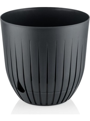 Çizgi Saksı Plastik Delikli Tabaklı Çiçek Saksısı (1 Adet, Antrasit, 5 Litre)