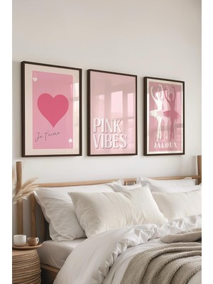 Pembe Tablo Seti, 3 Adet Siyah Çerçeve ve Poster - Yatak Odası Dekoru, Mutfak, Salon Duvar Dekoru;30 x 40 Siyah