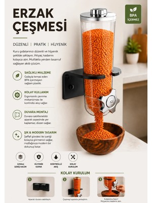 Kitchen Line 1250 ml Duvara Monte Ayarlanabilir Erzak Çeşmesi – Pratik Bakliyat ve Kuruyemiş Dispenseri