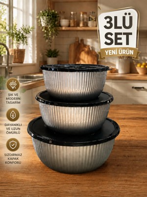 Kitchen Line 3'lü Saklama Kabı Seti – Çok Amaçlı Mutfak Düzenleyici Kapaklı Saklama Kabı - Küçükten Büyüğe 3lü Se