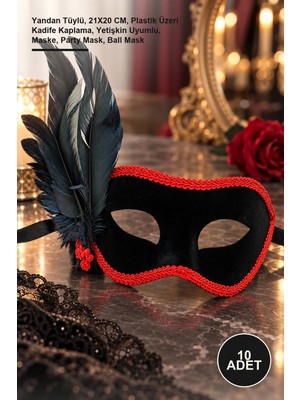 Yenilig 10 Adet Siyah Süet Kaplı Parti Balo Maskesi – Yandan Tüylü, 21X20 Cm, Plastik Üzeri Kadife Kaplama, Yetişkin Uyumlu, Maske, Party Mask, Ball Mask