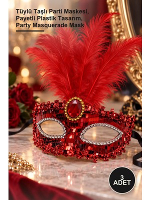 Yenilig 3 Adet Lüks Kırmızı Balo Maskesi – Tüylü Taşlı Parti Maskesi, Payetli Plastik Tasarım, Party Masquerade Mask