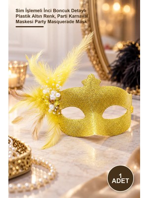 Yenilig 1 Adet Tüylü Balo Maskesi – Sim Işlemeli Inci Boncuk Detaylı Plastik Altın Renk, Parti Karnaval Maskesi Party Masquerade Mask