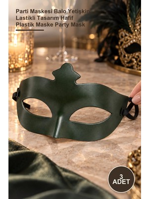 Yenilig 3 Adet Haki Yeşil Masquerade Maskesi – Parti Maskesi Balo Yetişkin Lastikli Tasarım Hafif Plastik Maske Party Mask