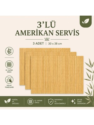 Kitchen Line 3'lü Set Bambu Amerikan Servisi – Doğal Şık Sofra Sunumu – Dekoratif Hasır Görünümlü Masa Servisi 30