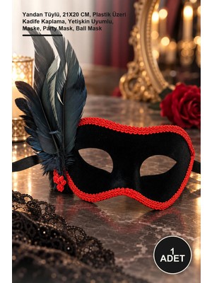 Yenilig 1 Adet Siyah Süet Kaplı Parti Balo Maskesi – Yandan Tüylü, 21X20 Cm, Plastik Üzeri Kadife Kaplama, Yetişkin Uyumlu, Maske, Party Mask, Ball Mask
