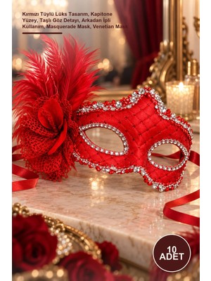 Yenilig 10 Adet Venedik Balo Maskesi – Kırmızı Tüylü Lüks Tasarım, Kapitone Yüzey, Taşlı Göz Detayı, Arkadan Ipli Kullanım, Masquerade Mask, Venetian Mask