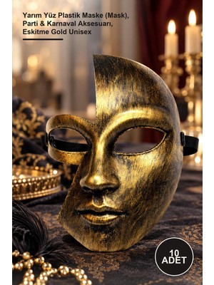 Yenilig 10 Adet Antik Efektli Altın Yarım Yüz Maskesi – Yarım Yüz Plastik Maske (Mask), Parti & Karnaval Aksesuarı, Eskitme Gold Unisex
