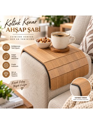 Tasarım Evi Doğal Ahşap Koltuk Kenarı Sehpası - Kaymaz Tabanlı Bardaklıklı Katlanabilir