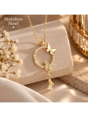 Stainless Steel Gold Renk Zirkon Taşlı Kelebek Detaylı Yuvarlak Tasarım Çelik Kolye