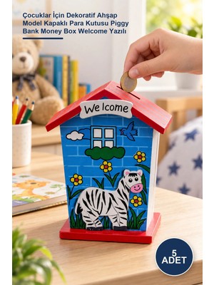 Yenilig 5 Adet Ahşap Ev Tasarımlı Kumbara – Çocuklar Için Dekoratif Ahşap Model Kapaklı Para Kutusu Piggy Bank Money Box Welcome Yazılı