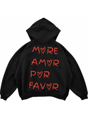 Genosha Mor Amor Por Favor Baskılı Oversize Hoodie Kapüşonlu Sweatshirt
