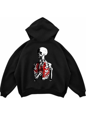 Genosha Sceleton Baskılı Oversize Hoodie Kapüşonlu Sweatshirt