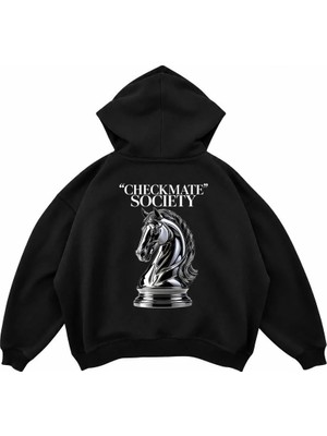 Genosha Checkmate Sociyety Satranç Baskılı Oversize Hoodie Kapüşonlu Sweatshirt