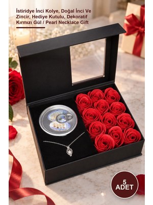 Yenilig 5 Adet Romantik Gül ve Istiridye Inci Kolye Seti – Istiridye Inci Kolye, Doğal Inci ve Zincir, Hediye Kutulu, Dekoratif Kırmızı Gül / Pearl Necklace Gift