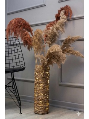 Egindra Hasır Örgü Kuru Çiçek Pampas Vazosu Vintage LED Aydınlatmalı 50 cm