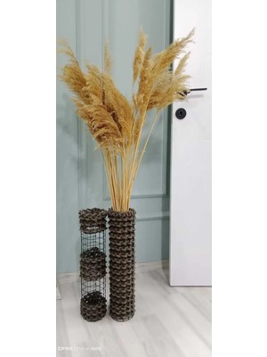 Egindra Bohem Tarz LED Aydınlatmalı Vazo Hasır Örgü Vazo Pampas Vazosu Kuru Çiçek Vazosu Antrasit Gri Vintage