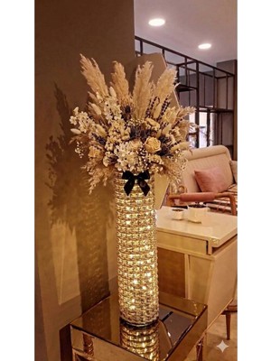 Egindra LED Aydınlatmalı Hasır Kuru Çiçek Vazosu Yer Vazosu Bohem Dekoratif Yer Vazosu 65 cm Kurdeleli
