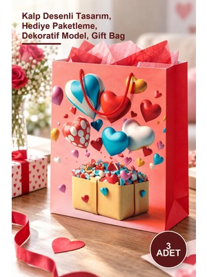 Yenilig 3 Adet Büyük Boy Karton Hediye Çantası – Kalp Desenli Tasarım, Hediye Paketleme, Dekoratif Model, Gift Bag