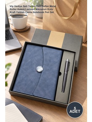 Yenilig 5 Adet Promosyon Defter Kalem Seti – Vip Hediye Seti Termo Deri Defter Metal Roller Kalem Lacivert Mıknatıslı Kutu Kraft Yaldızlı Çanta Notebook Pen Set