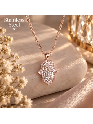 Stainless Steel Zirkon Taşlı Rose Kaplama Fatma Ana Eli Çelik Kolye