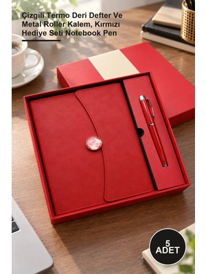 Yenilig 5 Adet Promosyon Defter Kalem Seti – Çizgili Termo Deri Defter ve Metal Roller Kalem, Kırmızı Hediye Seti Notebook Pen