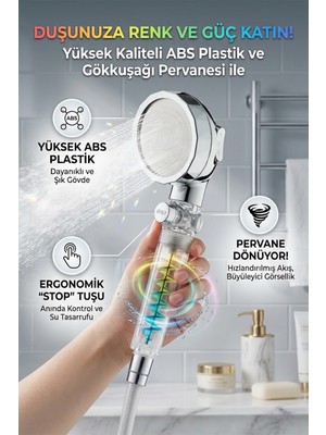 Banyonatural Gökkuşağı Pervaneli Yüksek Basınçlı Turbo Terma Masajlı Aç-Kapa Tuşlu Duş Başlığı