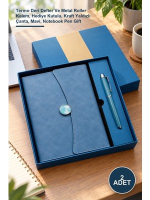 Yenilig 2 Adet Promosyon Defter Kalem Seti – Termo Deri Defter ve Metal Roller Kalem, Hediye Kutulu, Kraft Yaldızlı Çanta, Mavi, Notebook Pen Gift