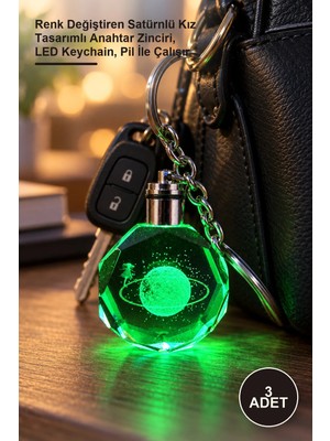 Yenilig 3 Adet Işıklı Kristal Anahtarlık – Renk Değiştiren Satürnlü Kız Tasarımlı Anahtar Zinciri, LED Keychain, Pil Ile Çalışır