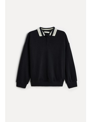 Mudo Kadın Siyah Polo Yaka Sweatshirt