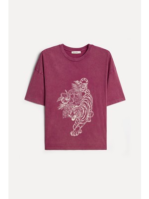 Mudo Kadın Pembe Pamuklu Baskılı Bisiklet Yaka T-Shirt