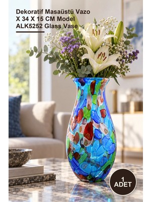 Yenilig 1 Adet Murano Cam Vazo – Dekoratif Masaüstü Vazo x 34 x 15 cm Model ALK5252 Glass Vase