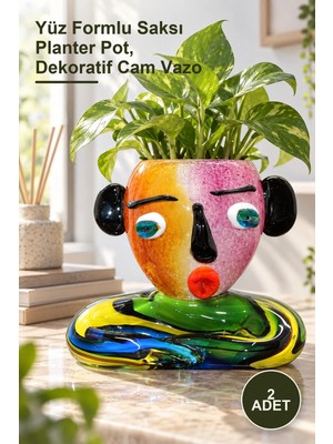 Yenilig 2 Adet Murano Cam Saksılık – Yüz Formlu Saksı Planter Pot, Dekoratif Cam Vazo