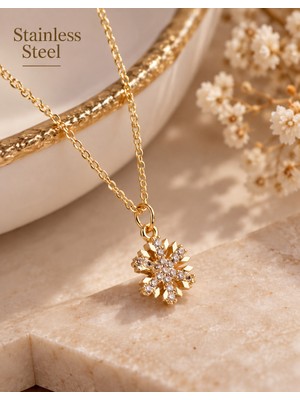 Stainless Steel Gold Renk Minimal Kar Tanesi Detaylı Antialerjik Çelik Kolye