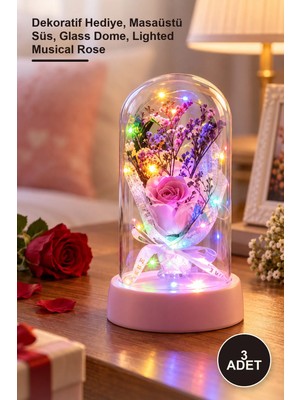 Yenilig 3 Adet LED Işıklı Müzikli Cam Fanus Içinde Gül Buketi – Dekoratif Hediye, Masaüstü Süs, Glass Dome, Lighted Musical Rose