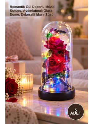 Yenilig 5 Adet Işıklı Müzikli Cam Fanus – Romantik Gül Dekorlu Müzik Kutusu, Aydınlatmalı Glass Dome, Dekoratif Masa Süsü