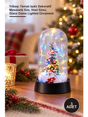 Yenilig 3 Adet Cam Fanus – Yılbaşı Temalı Işıklı Dekoratif Masaüstü Süs, Noel Süsü, Glass Dome Lighted Ornament