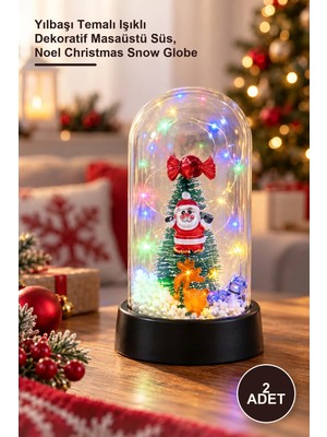 Yenilig 2 Adet Cam Fanus – Yılbaşı Temalı Işıklı Dekoratif Masaüstü Süs, Noel Christmas Snow Globe